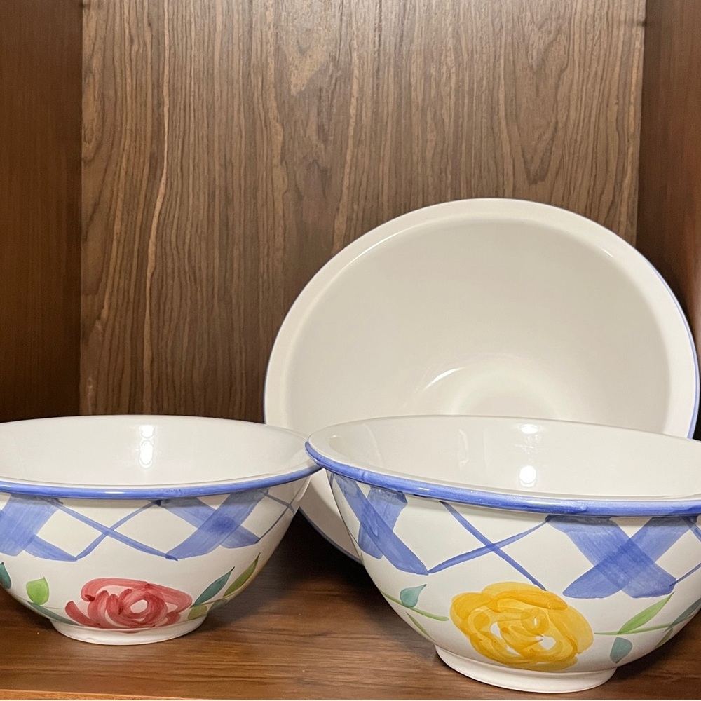 Floral Patterned Ceramic Bowls - Blue, Red, Yellow